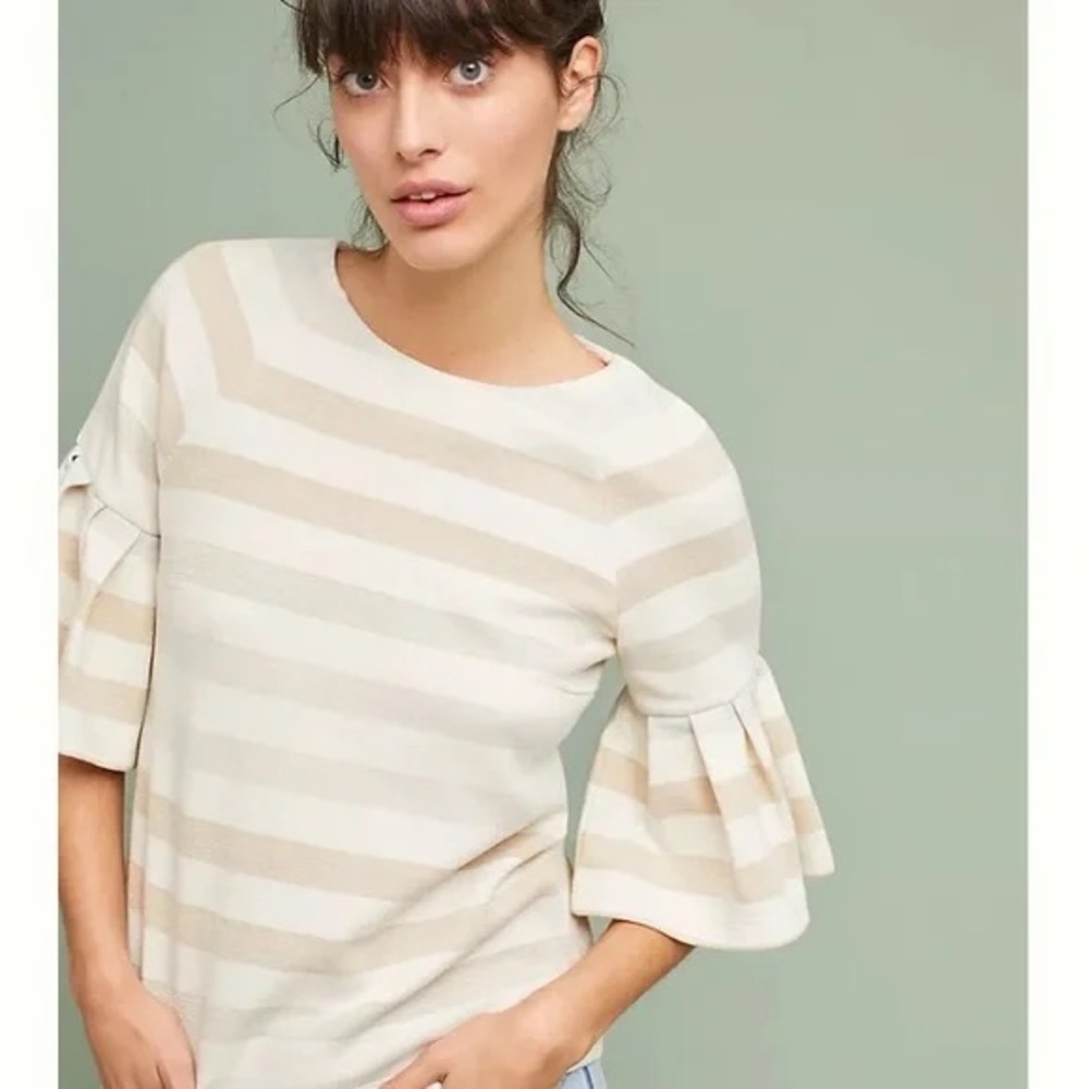 Maeve Cream and Beige Striped Ruffle-Sleeve Blouse